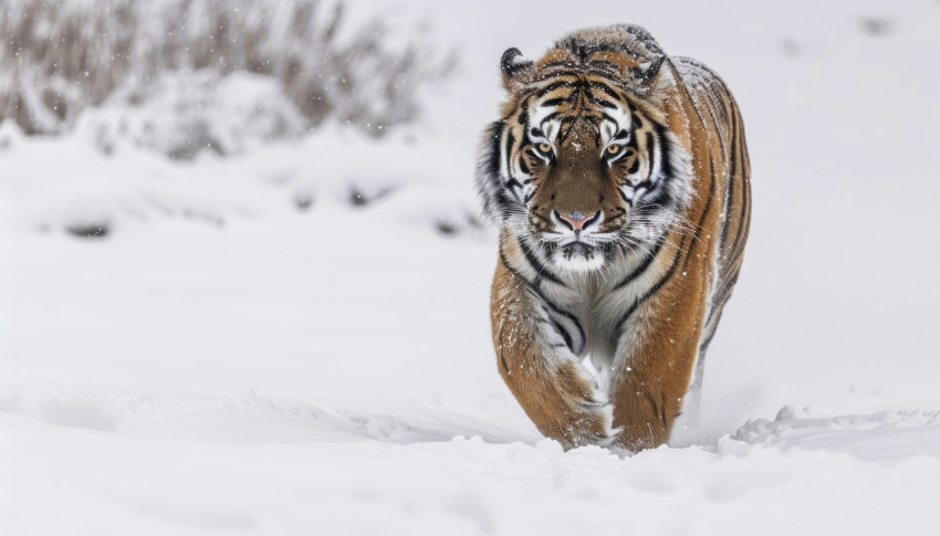 Majestic siberian tiger gracefully strolls through the snow covered landscape