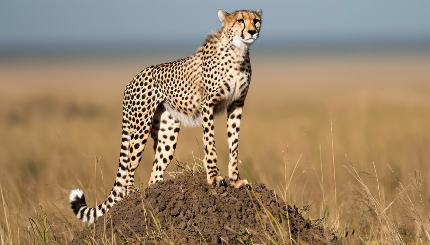 Confident cheetah standing on termite mound in the savannah surveying surroundings with grace and poise