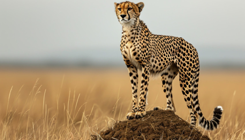 Confident cheetah stands on termite mound surveying surroundings with grace and strength in the african savannah