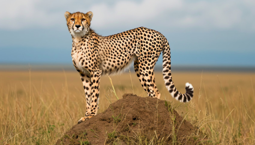 Majestic cheetah atop termite mound in the wild exuding confidence as it observes the vast savannah landscape