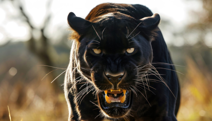 Intense growling black panther captured in a wild head shot