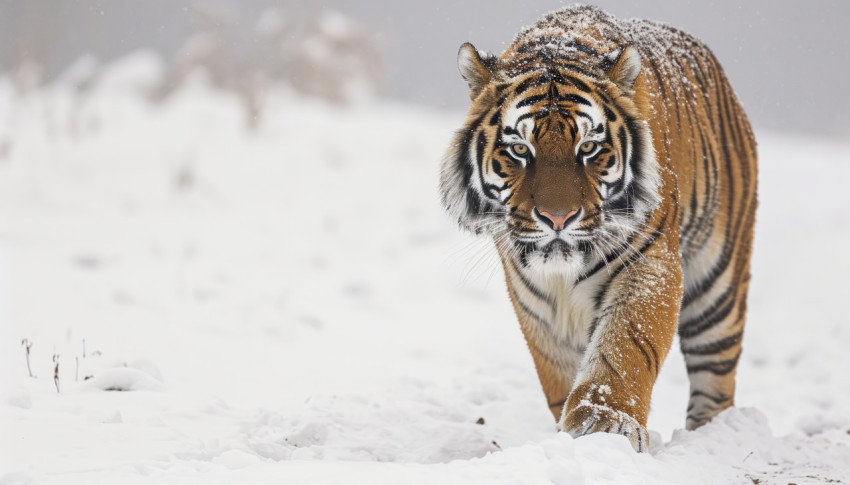 A powerful siberian tiger leisurely walks through the snowy terrain