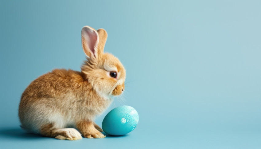 A cute easter bunny rabbit with a blue painted egg set against a blue background