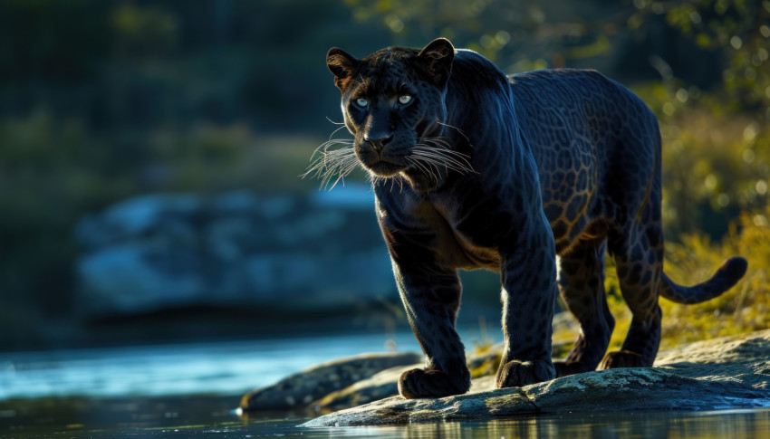 A majestic black panther stands confidently by the water