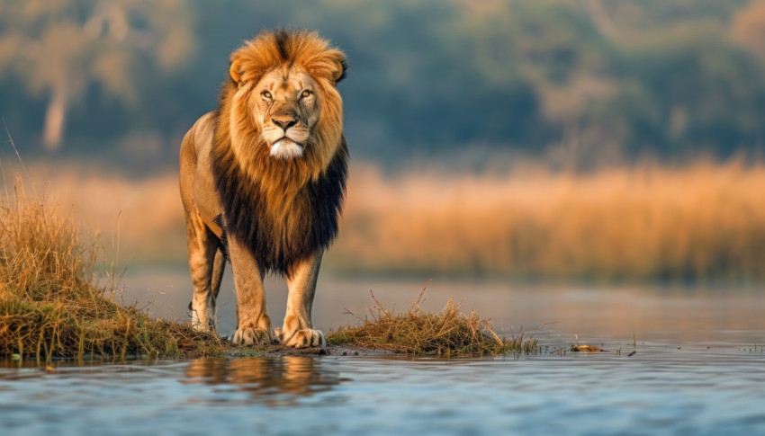 Majestic lion proudly stands near the water