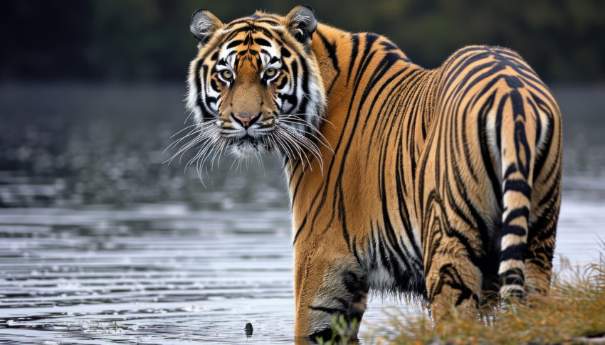 A magnificent tiger stands proudly near the water