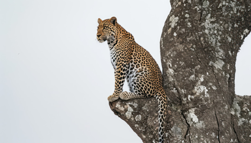 Majestic leopard perched on a tree observing its surroundings in the wild jungle habitat