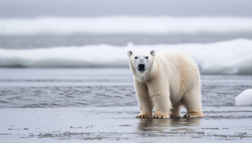 A polar bear by the water at the lake