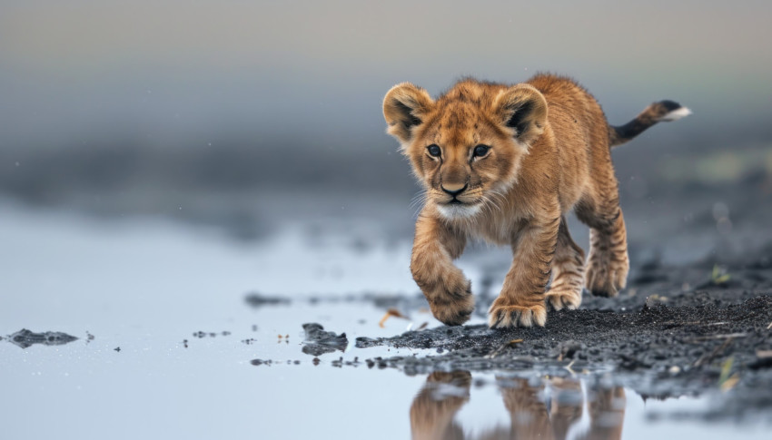 Adorable baby lion strolls near water