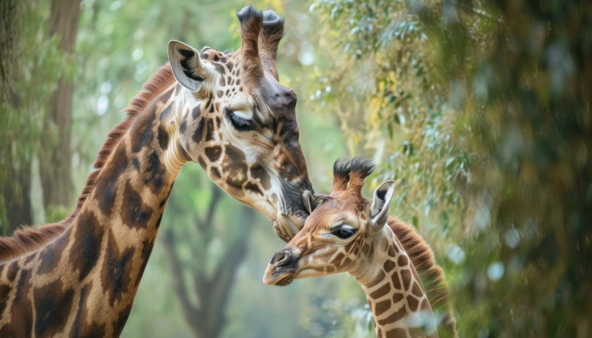 A giraffe mother cares for her calf