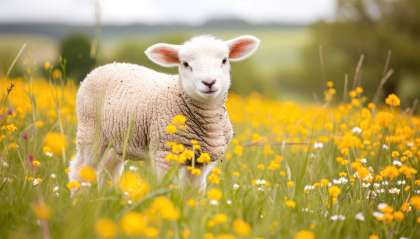 Adorable lamb enjoys the sunshine munching on grass among golden buttercups in a lush field