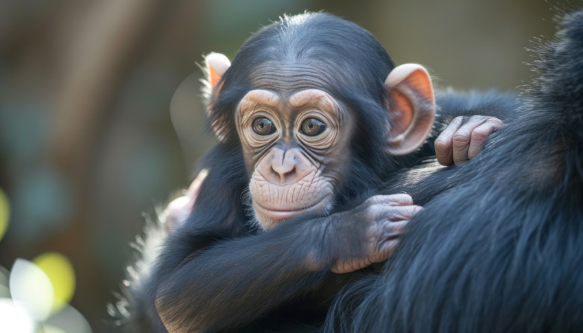 Playful chimpanzee infant enjoying a playful moment with its watchful mother in the jungle