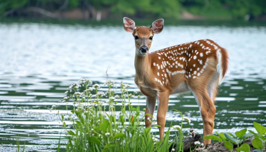 Fawn standing by the water edge at the lake