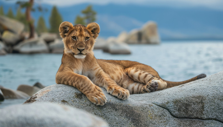 Adorable lion cub lounges on a boulder by the water edge at lake