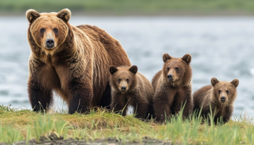 A brown bear sow and her adorable cubs frolic in the grass by the water edge at lake