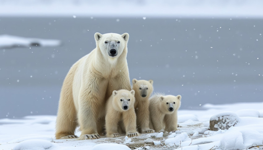 A polar bear with adorable cubs enjoys the snowy landscape near the water at the lake