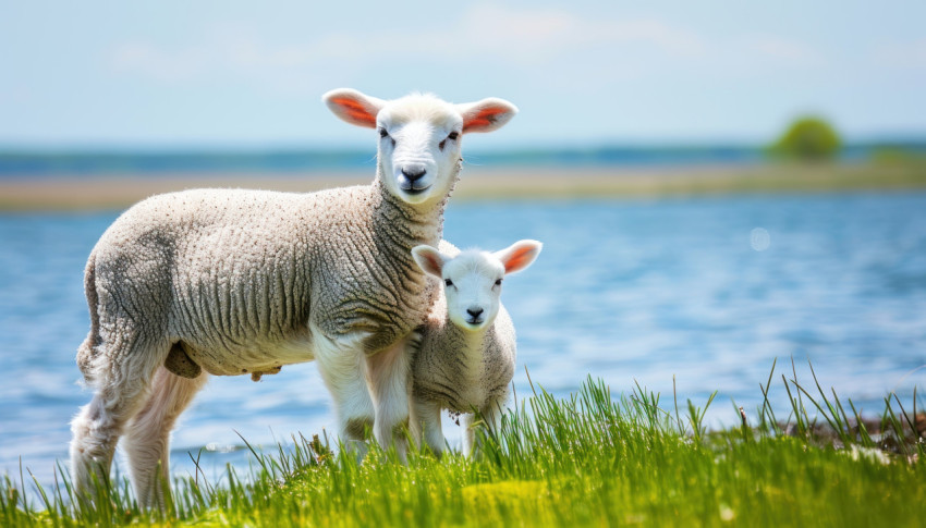 A young lamb and its mother grazing happily in lush green grass near a peaceful lake