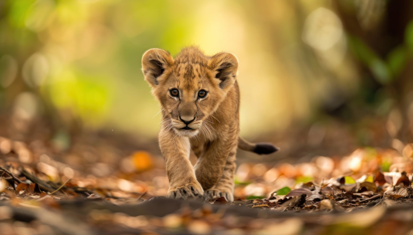 Adorable lion cub taking a leisurely walk in the vibrant forest