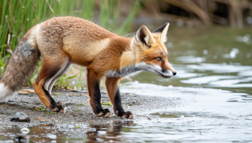 A red fox pup curiously ventures near the water edge at a tranquil lake