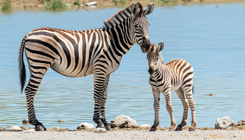 A mother zebra and her foal share a serene moment by the lake