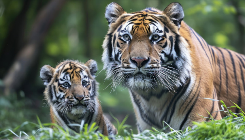 Mother tiger and cub in lush forest bonding in the green grass a beautiful moment in the wild