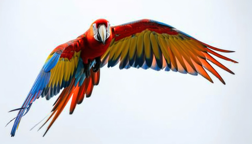 Majestic macaw in mid air displaying its brilliant plumage while flying with elegance and beauty