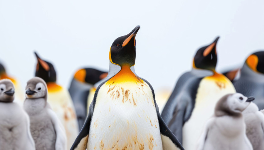 Majestic king penguin tending to cute chicks in the frozen landscape