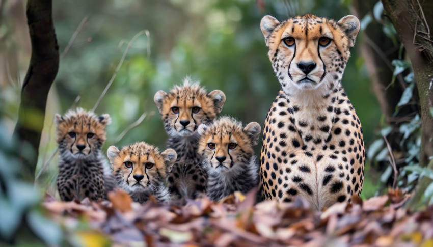 A cheetah and its young cubs share a playful moment in the forest