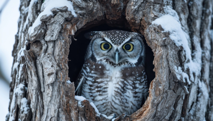 A watchful northern hawk owl gazes from a tree hollow