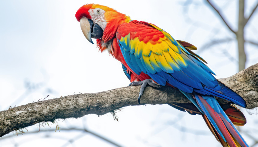 A close up view of a macaw gracefully perched on a tree branch