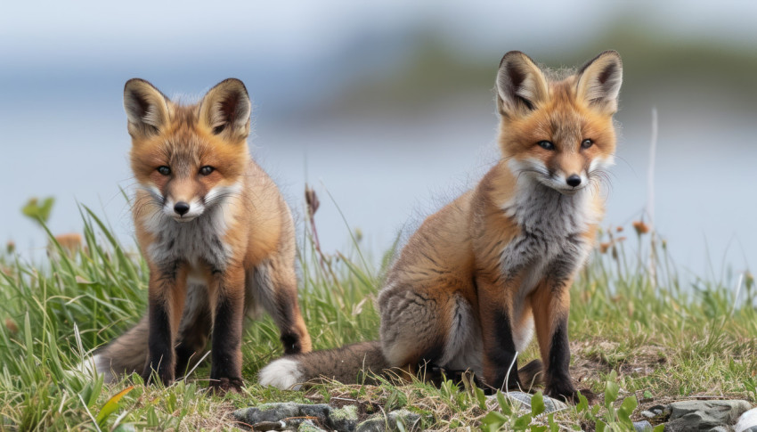 Playful kit foxes enjoying the grassy surroundings by the water