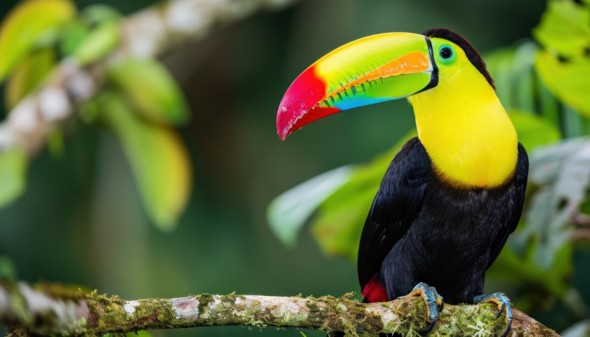 Wild keel billed toucan showcasing its vivid colors while perched in a natural setting surrounded by vibrant foliage