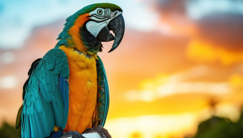 A breathtaking macaw parrot against a sunset sky