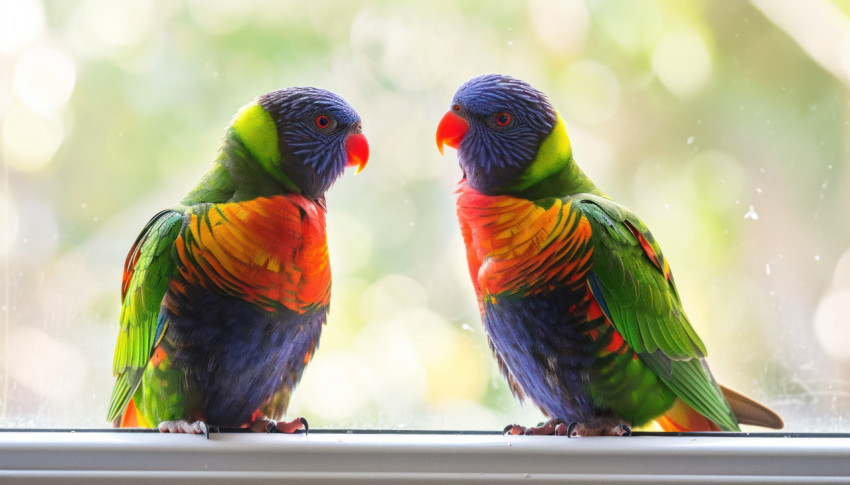 Two vibrant lorikeets sitting by a window