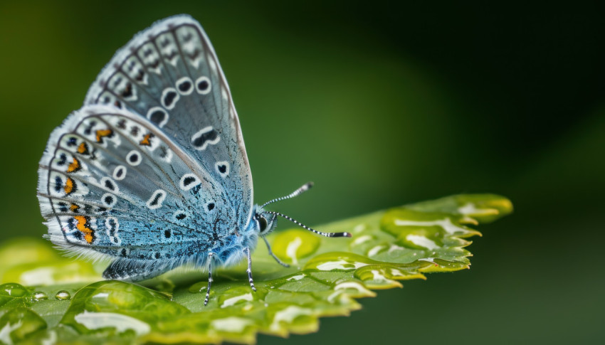 Common blue butterfly perched on a lush green leaf in its natural habitat