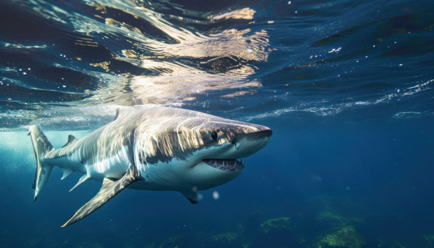 Majestic white shark gliding on the ocean surface