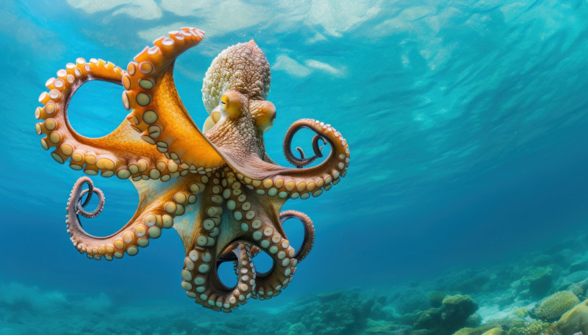 A reef octopus glides through the blue ocean