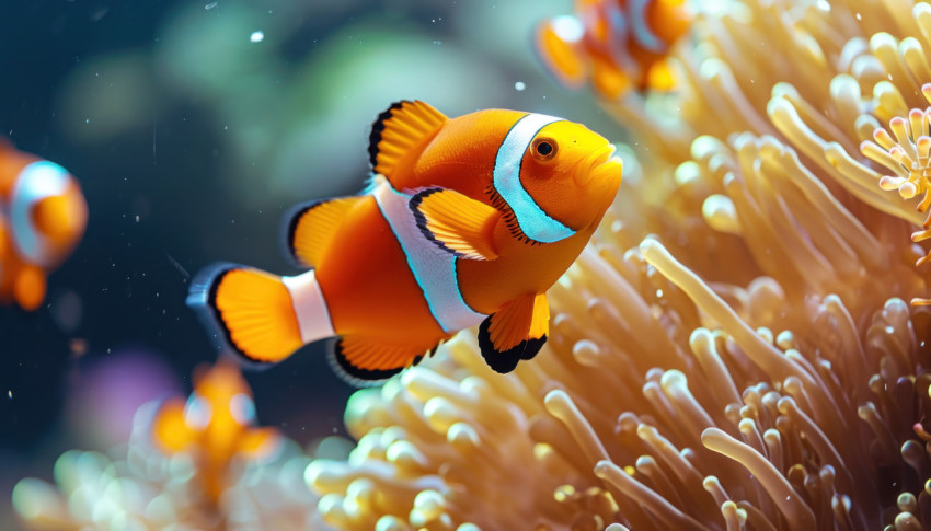 A vibrant shoal of clown fish gracefully navigating through their coral habitat in an underwater spectacle