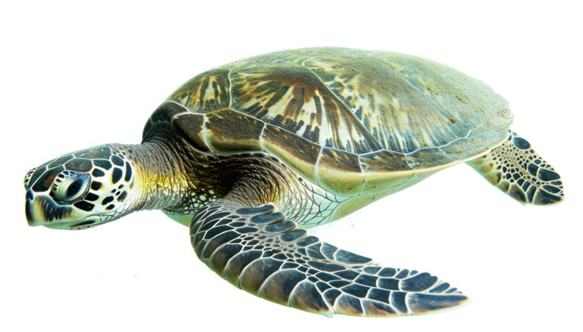 Serene scene of a green sea turtle gliding through calm waters on a white background