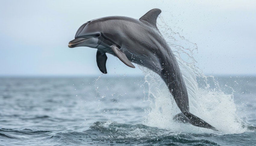 A bottle nosed dolphin exhibits pure joy as it gracefully leaps out of the water