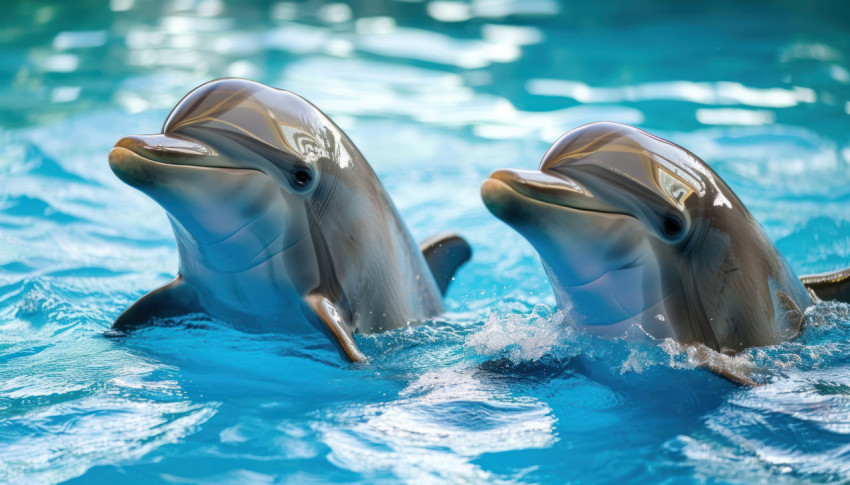 A pair of dolphins playfully navigate the serene blue waters