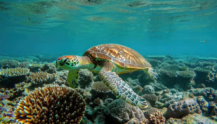 Dive into the beauty of a coral reef with a mesmerizing green turtle