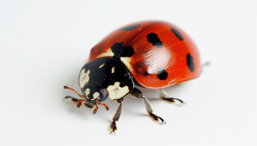 Red ladybug on a white surface showcasing vibrant colors and unique spots in close up view
