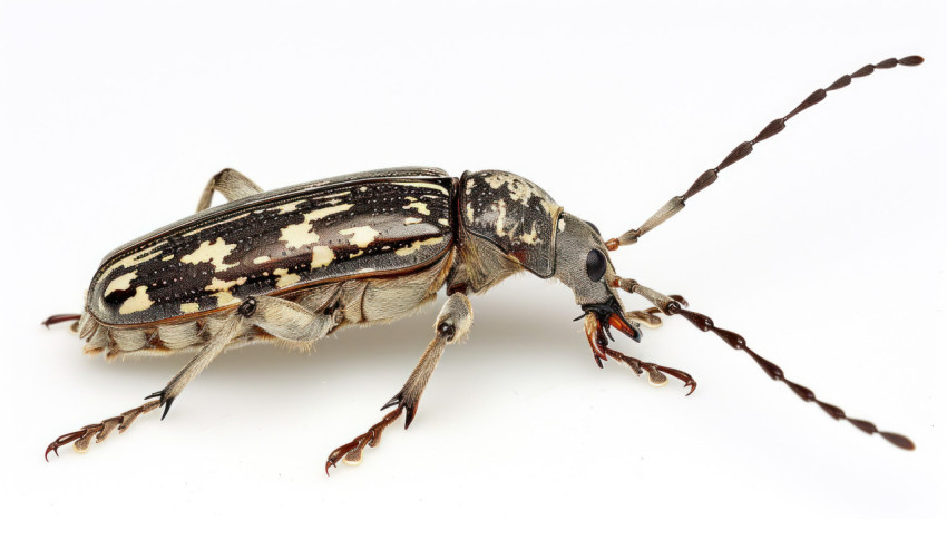 Explore the intricate details of diastocera wallichi a long horned beetle against a clean white backdrop