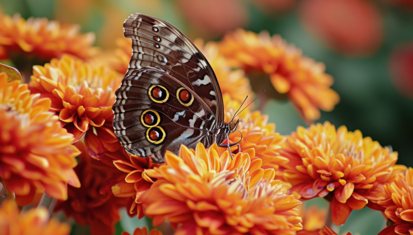 Inachis io butterfly showcasing mesmerizing eyespots while perched on stunning orange mums in a garden