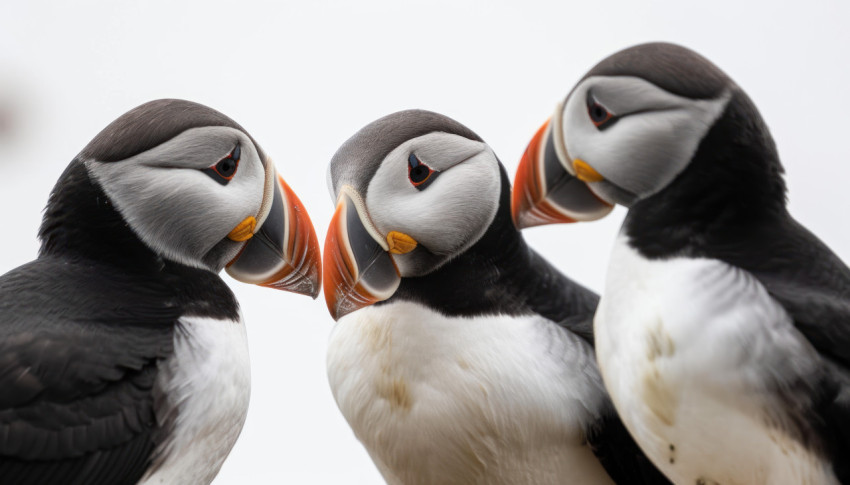 A charming scene on skomer island as three puffins gather closely