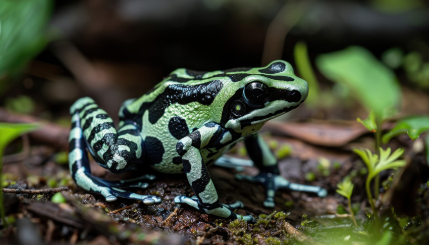 Vibrant green and black poison frog at ease on the forest floor