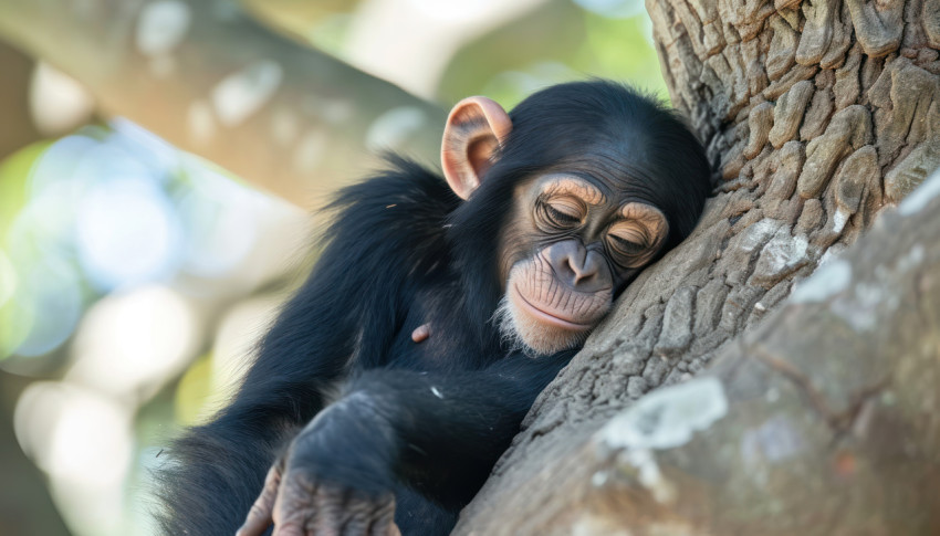A young chimpanzee rests comfortably in a tree