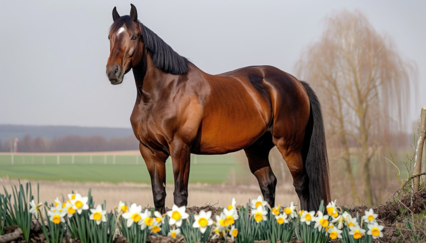 A regal thoroughbred stallion with brown hair poses gracefully in a countryside setting among vibrant daffodils