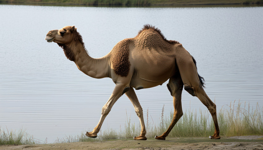 A graceful camel walks calmly by the water
